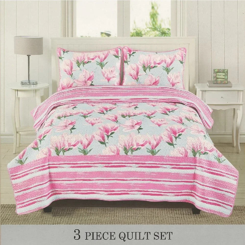3 Piece Quilted Bedspread Set - Pink Floral Bedding Set Full/Queen & King Size